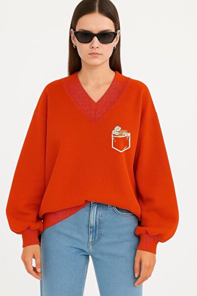 DM DOLCE MORE سويت شيرت CEP PAPATYA مطبوع برقبة على شكل حرف V للجنسين