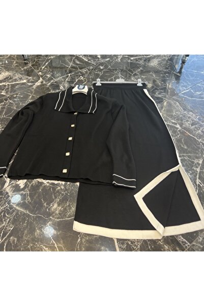 MY QILAM Γυναικείο Σετ Χιτζάμπ Πουκάμισο με ριγέ γιακά Ζακέτα με φούστα Πλεκτό Σετ Μαύρο