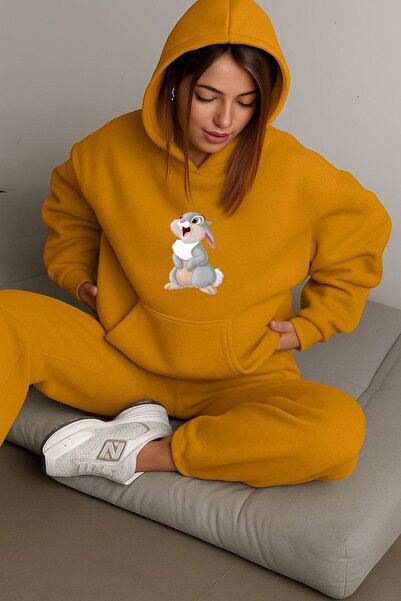 BENROMA TAVŞAN BASKILI ÜNİSEX KAPÜŞONLU SWEAT