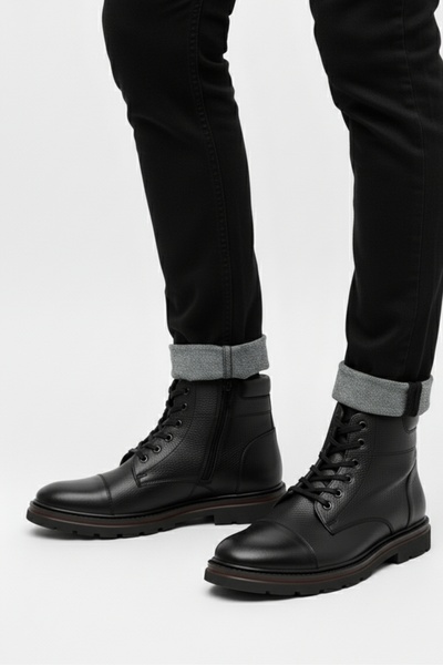 LUSIVE Hakiki Deri Siyah Fermuarlı Erkek Kışlık Bot