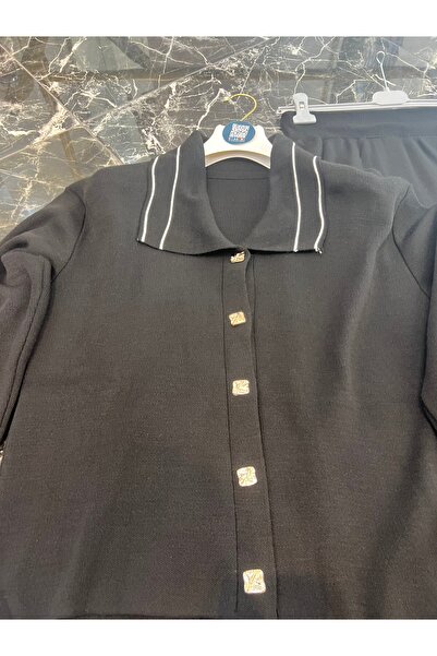 MY QILAM Γυναικείο Σετ Χιτζάμπ Πουκάμισο με ριγέ γιακά Ζακέτα με φούστα Πλεκτό Σετ Μαύρο