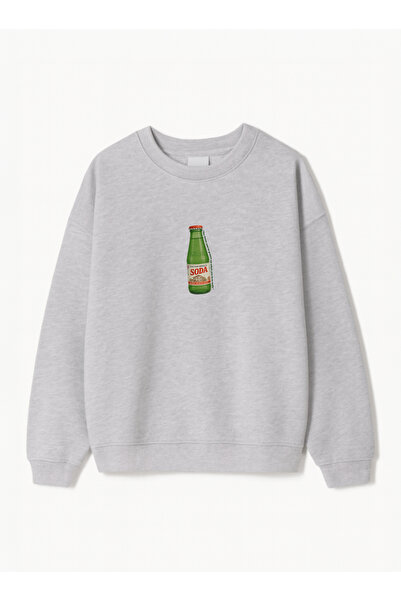 Disante سويت شيرت للجنسين بمقاس كبير مطبوع عليه زجاجة صودا - ياقة دائرية، 3 خيوط من الصوف