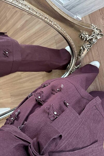 Ka Hijab 3D Floral Detail Denim Suit - Burgundy