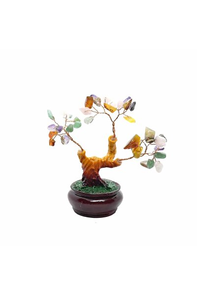 Feng Shui Copac cu pietre semipretioase mixt pe suport ceramic 9 cm inaltime