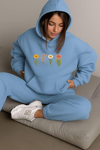 BENROMA سترة بغطاء للرأس للجنسين مصنوعة من القطن الممشط بثلاث خيوط مع طباعة زهور