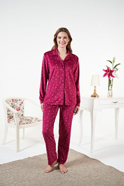 Estiva Polka Dot Buttoned Front Velvet Pajama Set