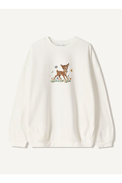 Disante سويت شيرت نسائي كبير الحجم مطبوع عليه Little Deer – ياقة دائرية، 3 خي...