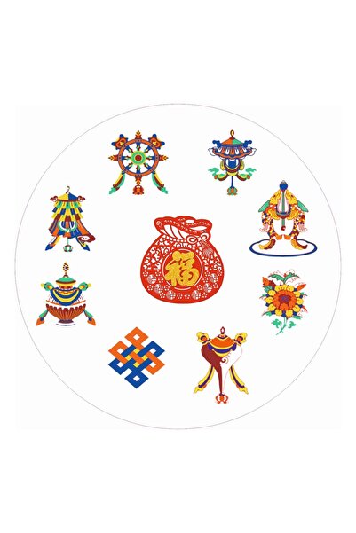 Feng Shui Abtibild sticker cu cele 8 simboluri tibetane si sacul abundentei -...