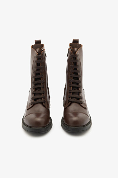 SAYL Kahve Hakiki Deri Bağcıklı Yandan Fermuarlı Postal Kadın Bot