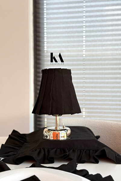 KaiAtelier Lune Keten Fırfırlı Kablosuz Masa Lambası / Krom Ayak