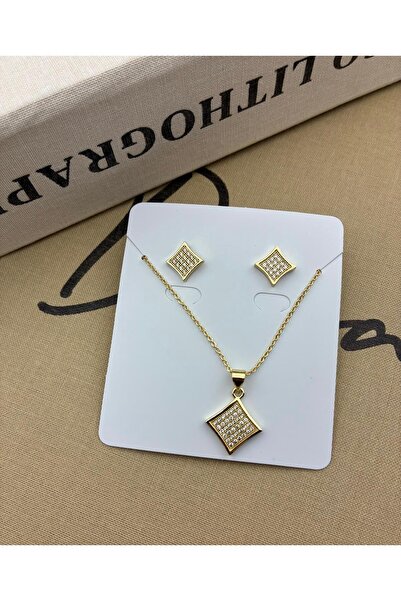 Hedef Bijuteri 14K Gold Renk Zirkon Taşlı Kare Model Kolye Küpe Seti