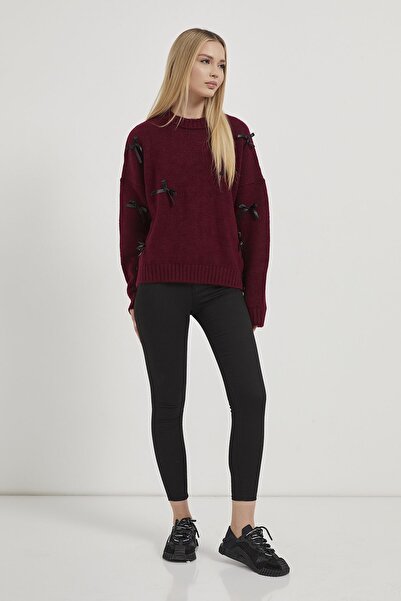 Arma Life Women's Ribbon Patterned Burgundy Oversize Knit Sweater