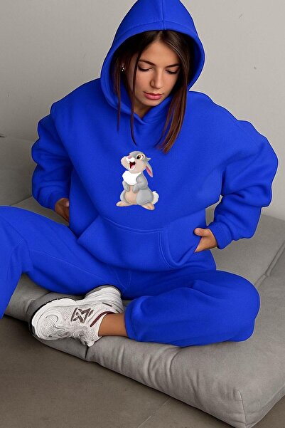 BENROMA 3 İPLİK PENYE TAVŞAN BASKILI ÜNİSEX KAPÜŞONLU SWEAT