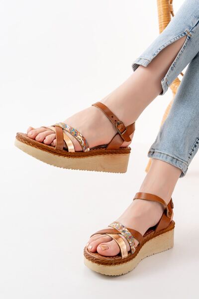 Budi 730-015 Tan Garni Orthopedic Genuine Leather Wedge Women's Sandals