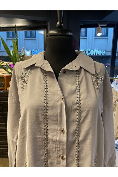 Forever Women's Stone Embroidered Cotton Long Sleeve Casual Shirt