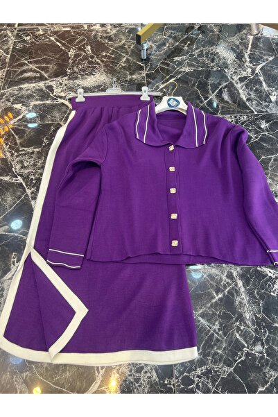 MY QILAM Kadın Tesettür Alt Üst Takım Çizgili Gömlek Yaka Hırka Etekli Triko Takım Mor