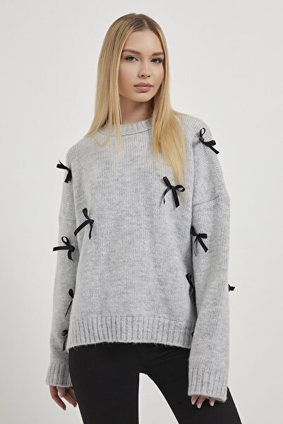 Arma Life Women's Ribbon Patterned Gray Oversize Knit Sweater