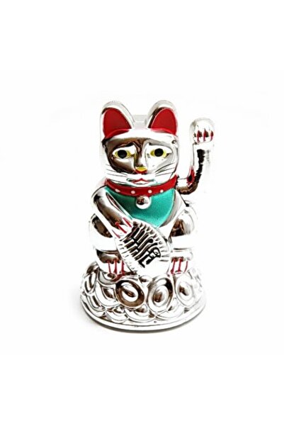 Feng Shui Pisica norocoasa Maneki Neko argintie - 11.5 cm