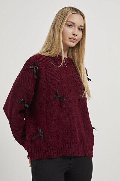 Arma Life Women's Ribbon Patterned Burgundy Oversize Knit Sweater