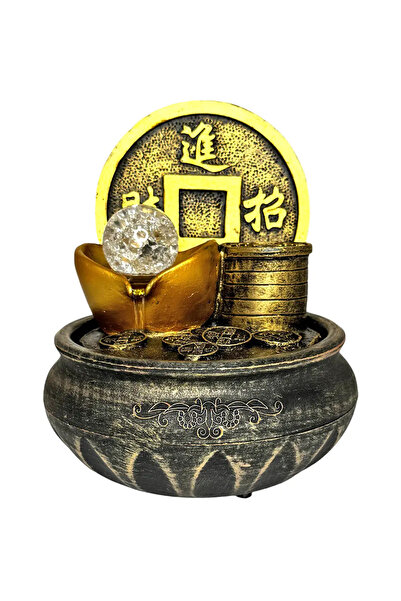 Feng Shui Fantana de apa in trepte cu lumina led, moneda chinezeasca si pepita