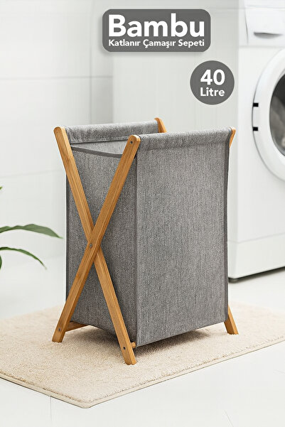 Meleni Home Katlanır Bambu Çamaşır Sepeti - Yıkanabilir İç Hazneli Natural Ki...