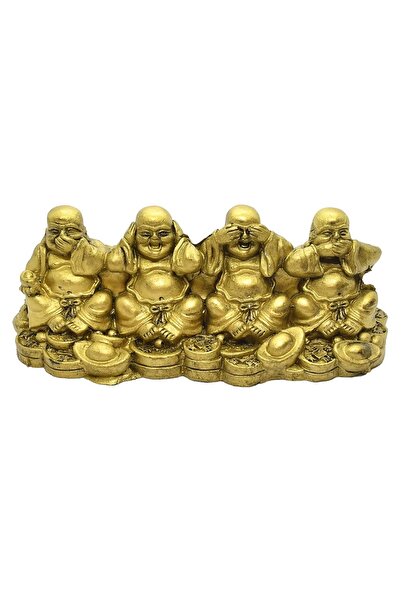 Feng Shui Statueta cu cei 4 Buddha razand sezand pe monede si pepite