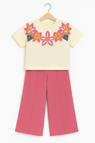 tunays shopping طقم بنطلون بناتي بتصميم زهور كريمية وبنطلون واسع من الأسفل عل...