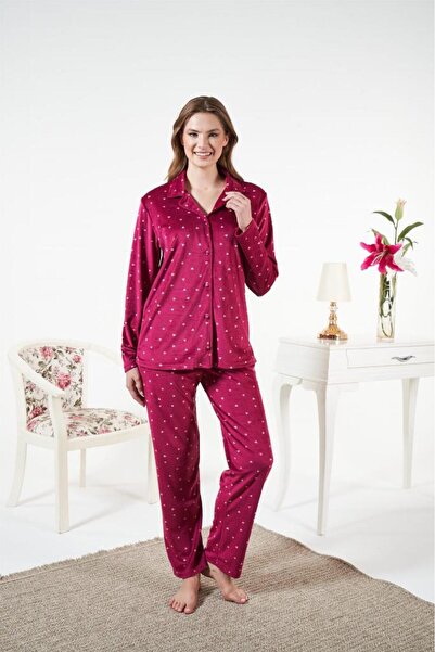 Estiva Polka Dot Buttoned Front Velvet Pajama Set