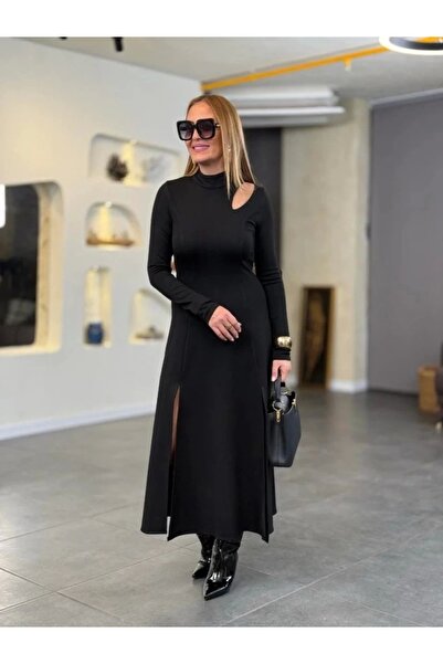 ARONA Mdb Women's Turtleneck Drop Detail Slit Long Viscose Two Thread Maxi Dress