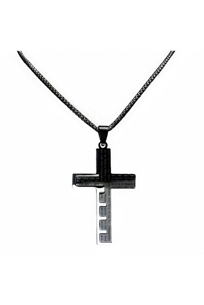 Tessero Lantisor cu pandantiv in forma de cruce cu model rugaciune, otel inoxidabil, negru,