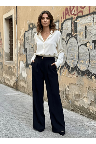 bysoca Pantaloni negri pentru femei, cu talie înaltă buzunare, palazzo, cu pi...