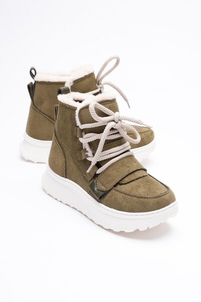 Mubiano Γυναικείες αθλητικές μπότες Veyra με λεπτομέρειες από γούνα χακί σουέντ