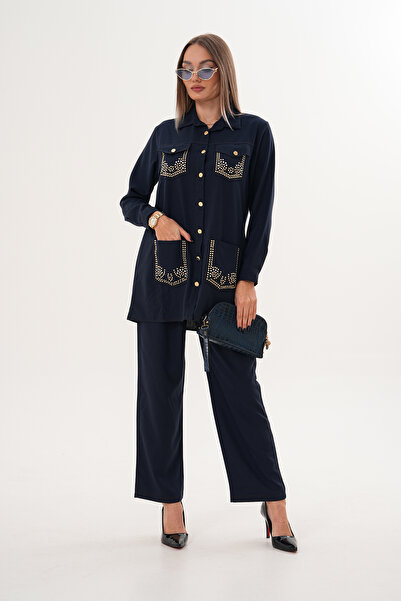 AYASOFYA OTANTIK Women's Navy Blue Stone Print Detailed Pocketed Shirt Pants Set