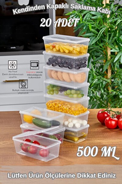 Arel Trade 20 Adet 500ml Şeffaf Kendinden Kapaklı Saklama Kabı, BPA İçermez, ...