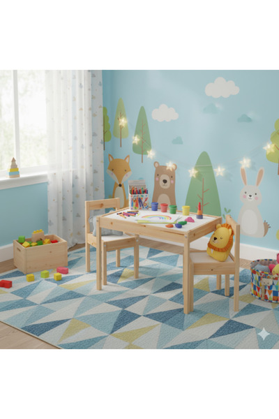 Moni Set masă și 2 scaune din lemn pentru copii 2–6 ani – colț de joacă și creativitate