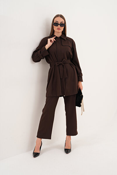 AYASOFYA OTANTIK Set de pantaloni cămașă cu fermoar maro pentru femei