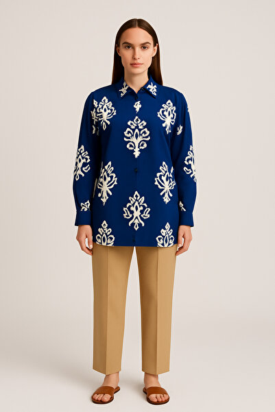 SheLoria قميص نسائي من الكتان متوسط الطول بنقشة زرقاء داكنة