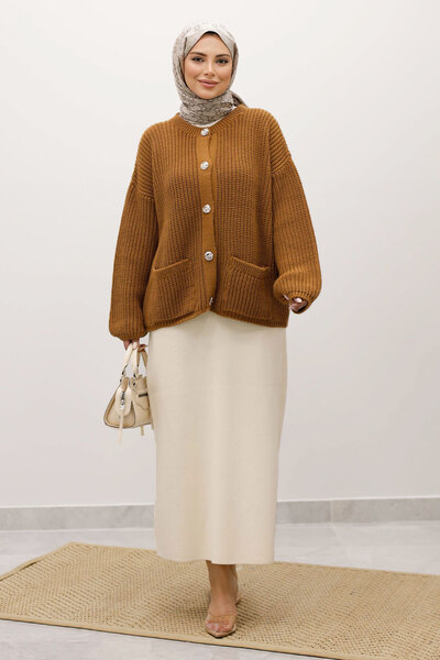 Tesettür Dünyası Soft Textured Buttoned Knitwear Cardigan Tsd250223 Tan