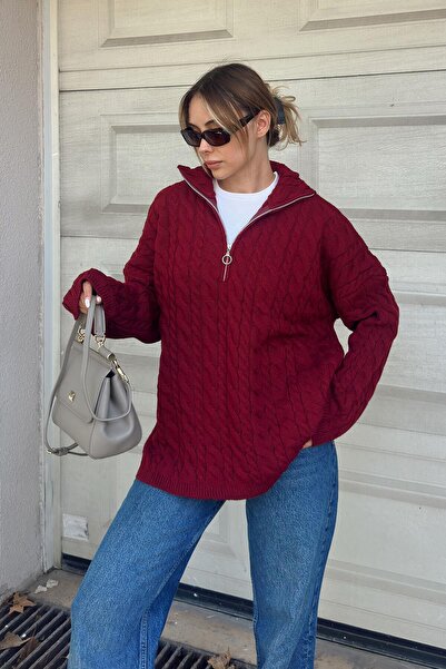 Swist Bordo Fermuarlı Dik Yaka Kalın Saç Örgü Oversize Kadın Triko Kazak