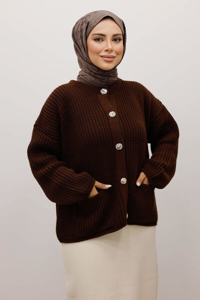 Tesettür Dünyası Soft Textured Buttoned Knitwear Cardigan Tsd250223 Bitter Brown