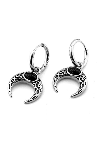 Solfera Siyah Taşlı Hilal Ay Sallantılı Paslanmaz Çelik Kadın Erkek Halka Küpe ER208