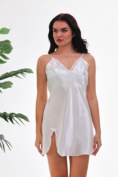 VELİNA GROUP White Silk Satin Nightgown Short Chest Feathered