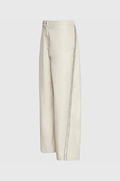 Calvin Klein Pamuklu Twill Tamamı Baskılı Logolu Çizgili Kadın Beyaz Pantolon LV044D612G-GTR