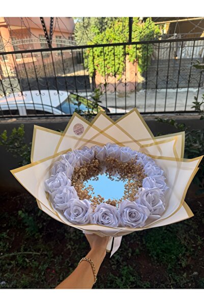 PARSÇİÇEK Aynalı Gül Buketi Aynalı Buket Yapay Solmayan Gül Beyaz Gül Cipso D...