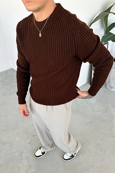 HAFKAGİYİM Καφέ πλεκτό πουλόβερ με λαιμόκοψη oversize