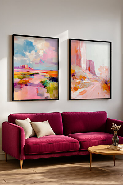 STARYUNA Set de pictură dublă cu efect de pictură în ulei în tonuri pastel abstracte cu cadru negru Yuna432