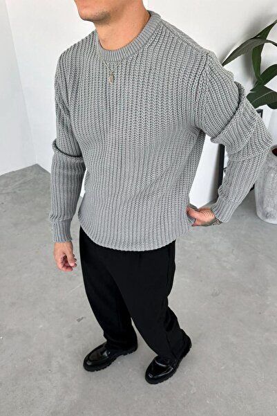 HAFKAGİYİM Gray Crew Neck Oversize Knit Sweater