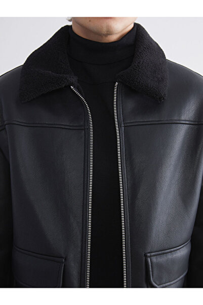 LC Waikiki Black Standard Fit Fur Collar Men's Leather-Look Coat