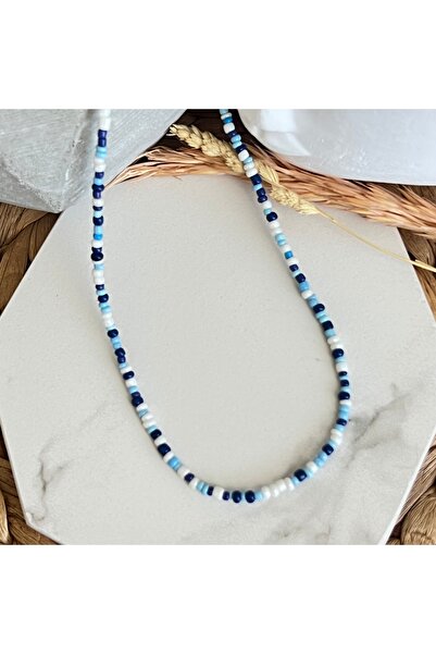 HALHALMILL Mavi Beyaz Tonlarında Kum Boncuk Kolye