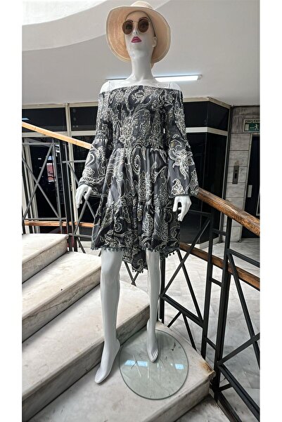 EREN STYLE Leaf Patterned Madonna Collar Silk Dress